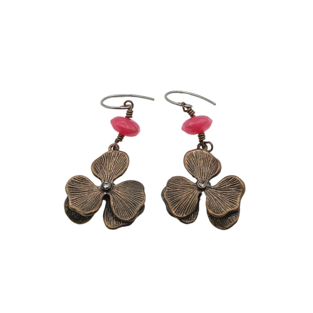 Fossil Brass Flower Dangle Drop Earrings Faceted Pink Bead Rhinestone Boho Chic